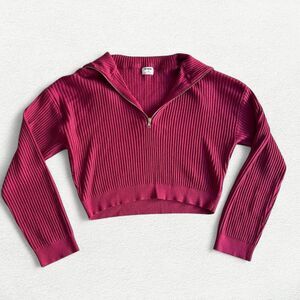 Cotton On Magenta Zip Up Cropped Ribbed Sweater
